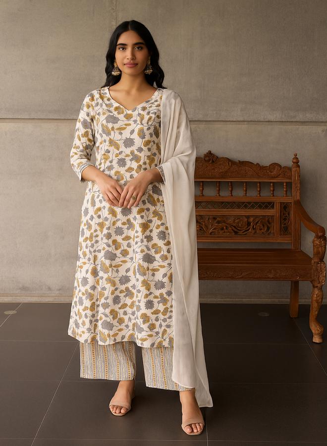 SASSAFRAS Women Off White Floral Anarkali Kurta with Pants and Dupatta Set - Image 1
